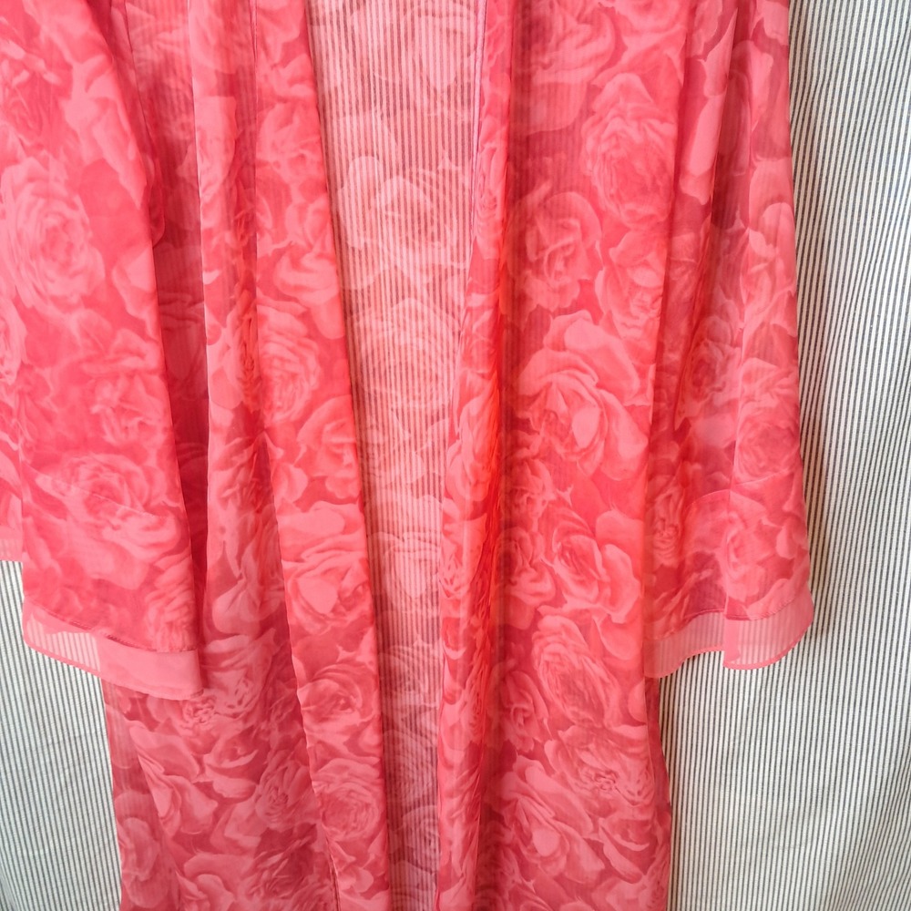 XL Valerie Stevens Rose Print Sheer‎ Coral Pink Duster Cardigan Lightweight - Picture 4 of 5